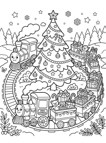 Christmas train around the tree coloring page