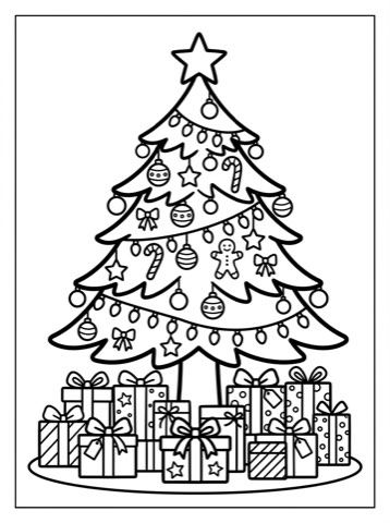 Christmas tree with presents coloring page