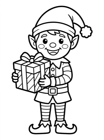 Christmas elf with a present coloring page