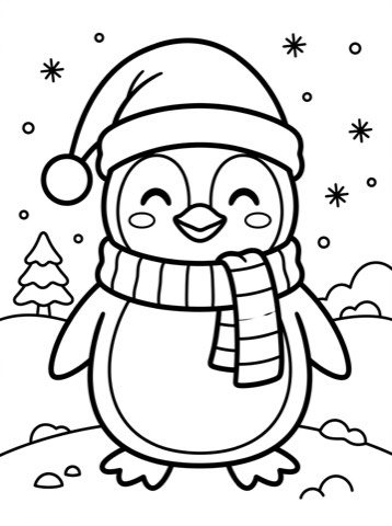 Penguin in a Santa hat coloring page