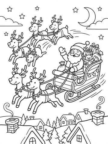 Santa's sleigh over the rooftops coloring page