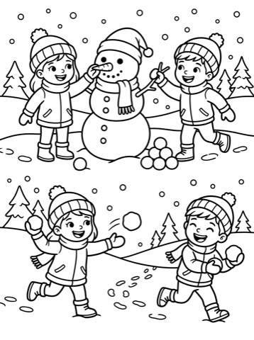 Kids building a snowman coloring page