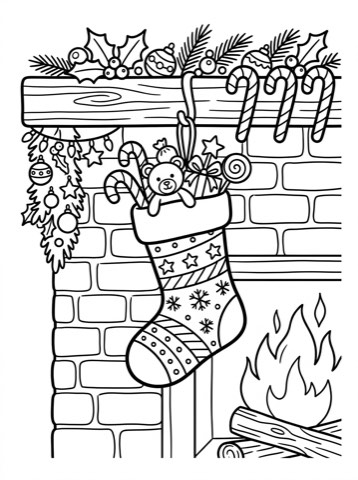 Stocking by the fireplace coloring page