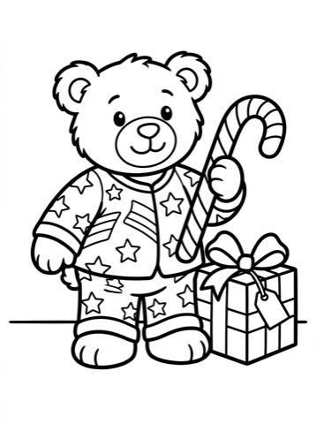 Teddy bear with a candy cane coloring page