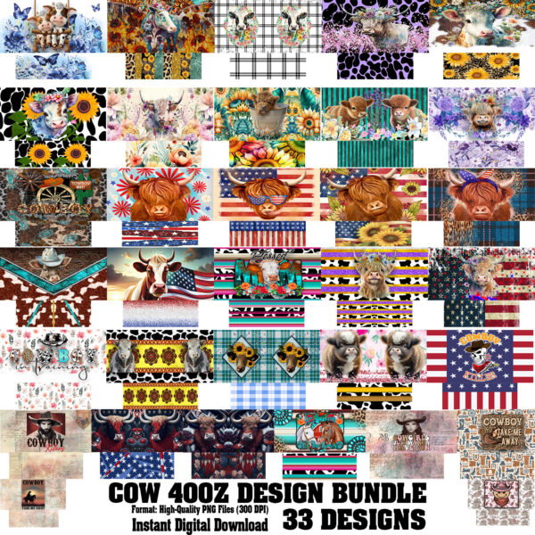 40oz Cow-Themed Tumbler Wraps – 33 Full Set