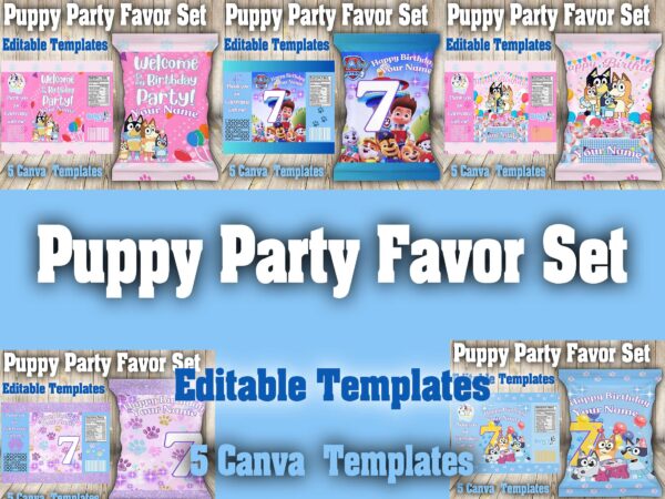 Puppy Party Favor Set – 5 Canva Editable Templates